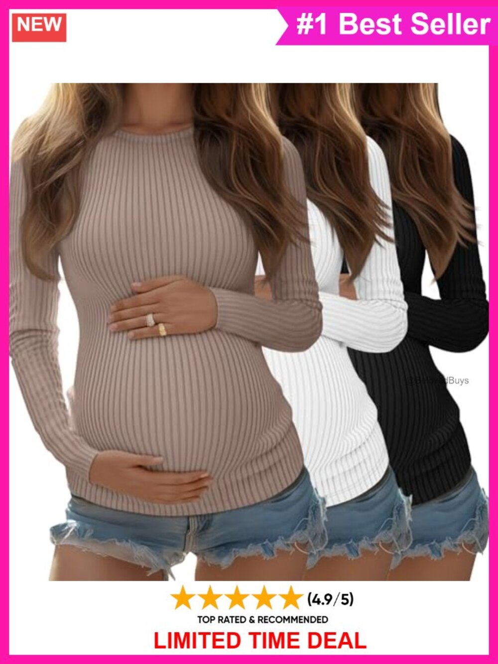 Riyiper 3 Pack Maternity Ribbed Long Sleeve Tunic Shirts Crew Neck Tees